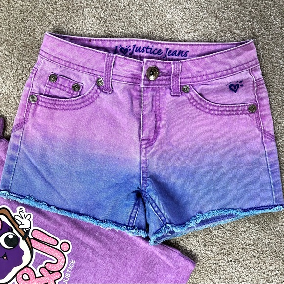 🔥Bundle🔥 Justice 2-piece Ombre Jean Shorts & matching shirt purple 12 Slim - Picture 2 of 6